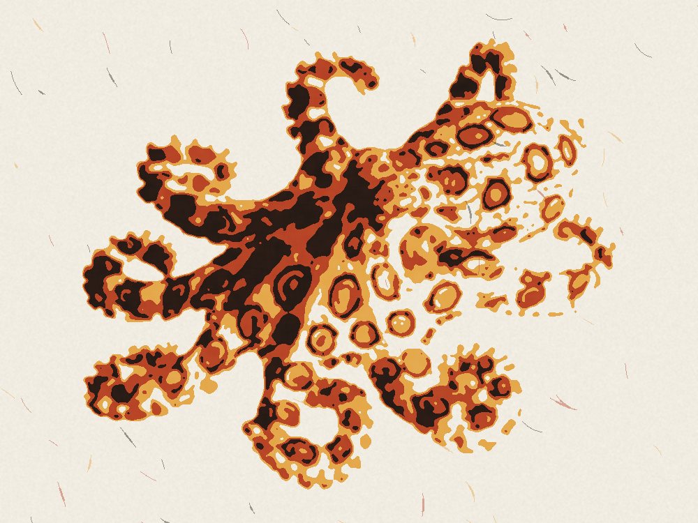 A three-colour lino print of an octopus in ochre, red and black on cream paper